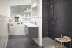 Bodenfliese anthrazit/grau: 30x60cm, 23,45 EUR/qm 
Mosaik Dusche: 5x5cm, 100,76 EUR/qm
Wandfliese creme: 30x60cm, 20,92 EUR/qm
Bordüre: 5x30cm, 13,99 EUR/Stck